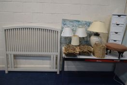 A QUANTITY OF MISCELLANEOUS/FURNITURE to include a large cream pottery table lamp three table