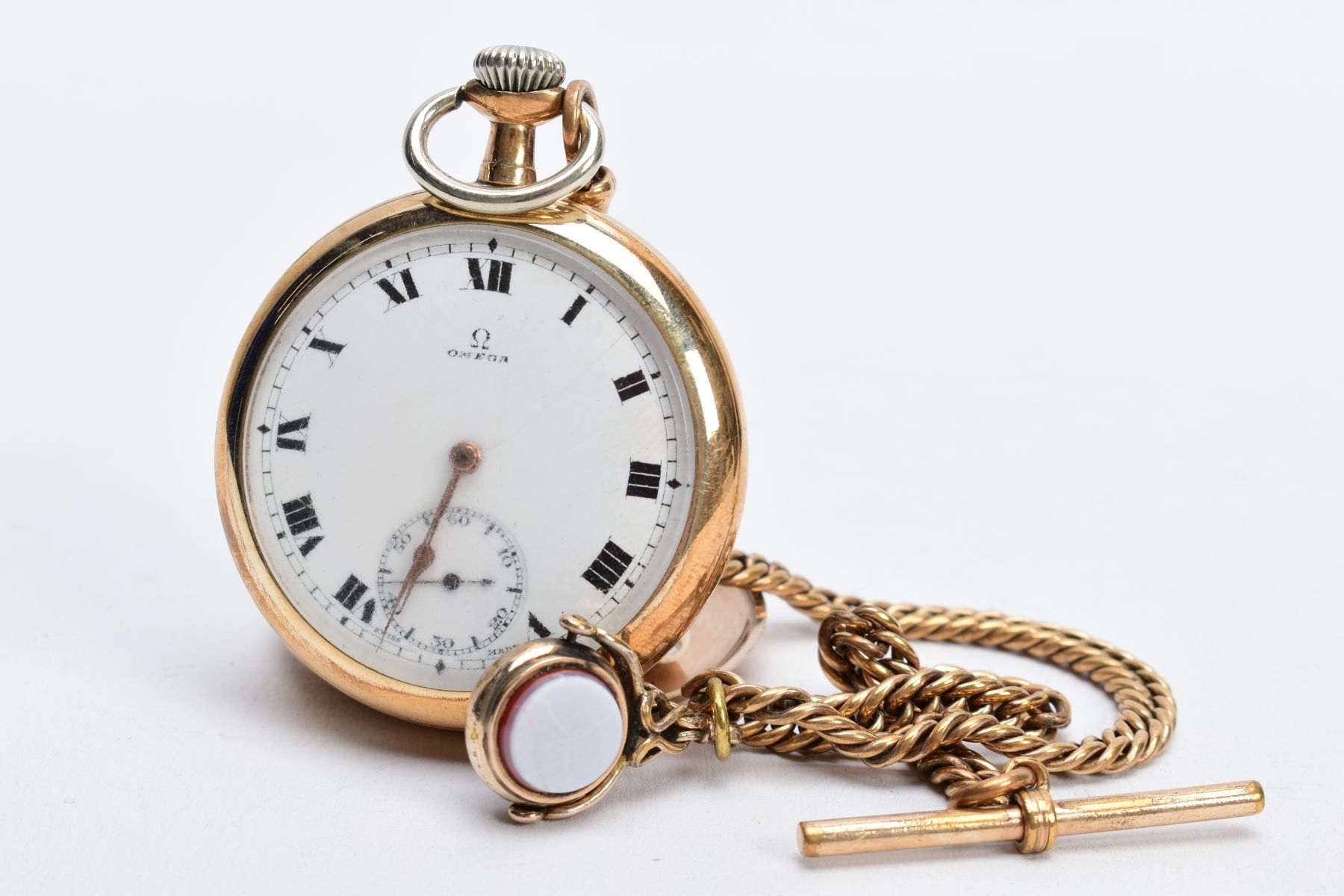 AN OPEN FACED GOLD PLATED OMEGA POCKET WATCH, white dial signed 'Omega', Roman numerals, seconds - Image 2 of 7