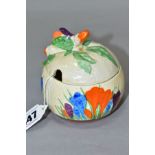 CLARICE CLIFF FOR WILKINSON LTD PRESERVE POT 'Crocus' pattern, black factory mark, height 9.5cm