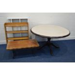 A STAINED MAHOGANY CIRCULAR PEDESTAL KITCHEN TABLE together with a golden oak open bookcase