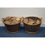 A NEAR PAIR OF CIRCULAR WICKER LOG BASKETS containing logs diameter 52cm