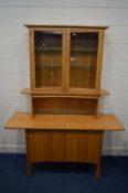 AN ERCOL SAVILLE BLONDE ELM DISPLAY DRESSER the top section with double glazed door enclosing two