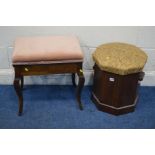 AN EDWARDIAN MAHOGANY PIANO STOOL together with a mahogany octagonal commode with a ceramic basin (