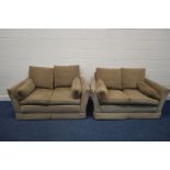 TWO LIGHT BROWN TWO SEATER SETTEES width 154cm x 91cm x height 78cm