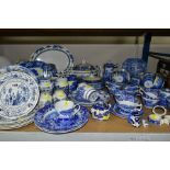 A COLLECTION OF 20TH CENTURY BLUE AND WHITE PRINTED POTTERY INCLUDING SPODE ITALIAN TEAWARES,