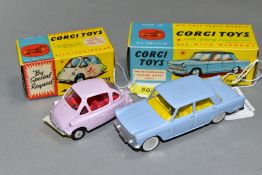TWO BOXED CORGI TOY CARS, FIAT 1800, No 217, light blue, lemon interior, flat hubs with self-