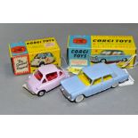 TWO BOXED CORGI TOY CARS, FIAT 1800, No 217, light blue, lemon interior, flat hubs with self-