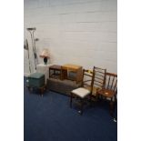 A QUANTITY OF OCCASIONAL FURNITURE to include a golden oak dressing stool, two other stools,