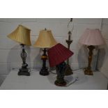 FIVE VARIOUS MODERN TABLE LAMPS to include a Moorcroft style lamp and four lamps with fabric shades