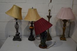 FIVE VARIOUS MODERN TABLE LAMPS to include a Moorcroft style lamp and four lamps with fabric shades