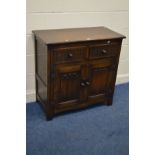 A REPRODUCTION OAK SIDEBOARD with two drawers width 92cm x depth 46cm x height 90cm