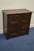 A REPRODUCTION OAK SIDEBOARD with two drawers width 92cm x depth 46cm x height 90cm