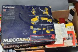 A QUANTITY OF ASSORTED MECCANO, mainly from the blue and yellow era, includes many items from set No