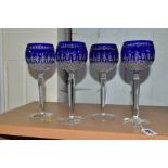 A SET OF FOUR WATERFORD CRYSTAL CLARENDON COBALT BLUE HOCK GLASSES (4)