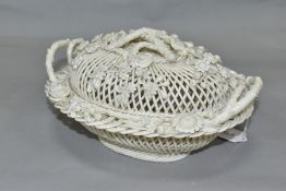 A LATE 19TH CENTURY BELLEEK PORCELAIN THREE STRAND FLORALLY ENCRUSTED WOVEN BASKET AND DOMED COVER