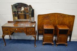 A REPRODUCTION WALNUT FIVE PIECE BEDROOM SUITE comprising a dressing table with a triple mirror