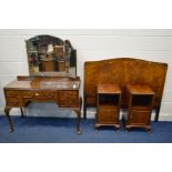 A REPRODUCTION WALNUT FIVE PIECE BEDROOM SUITE comprising a dressing table with a triple mirror