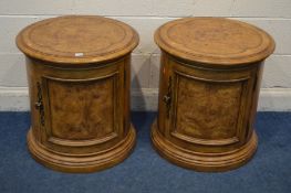 A PAIR OF REPRODUCTION WALNUT AND BURR WALNUT CYLINDRYCAL SINGLE DOOR CABINETS diameter 61cm x