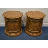 A PAIR OF REPRODUCTION WALNUT AND BURR WALNUT CYLINDRYCAL SINGLE DOOR CABINETS diameter 61cm x