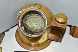 A 20TH CENTURY SHIPS COMPASS IN A DOMED BRASS BINNACLE, the dial named Sestrel, fitted with a burner