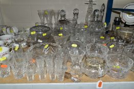 A COLLECTION OF CUT GLASS, ETC, to include a modern decanter and brandy glasses set with wooden