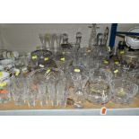 A COLLECTION OF CUT GLASS, ETC, to include a modern decanter and brandy glasses set with wooden