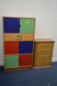 A MODERN BEECH AND MULTI COLOURED CABINET with two drawers width 84cm x depth 43cm x height 159cm