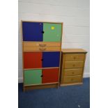 A MODERN BEECH AND MULTI COLOURED CABINET with two drawers width 84cm x depth 43cm x height 159cm