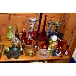 A COLLECTION OF GLASS, to include Mary Gregory style vases, decanter and a tumbler glass, Bohemian
