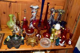 A COLLECTION OF GLASS, to include Mary Gregory style vases, decanter and a tumbler glass, Bohemian