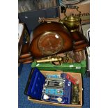 TWO BOXES OF ASSORTED METALWARES, ETC AND A 1930'S WALNUT CASED MANTEL CLOCK, including a pair of