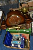 TWO BOXES OF ASSORTED METALWARES, ETC AND A 1930'S WALNUT CASED MANTEL CLOCK, including a pair of