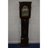 A 19TH CENTURY MAHOGANY EIGHT DAY LONGCASE CLOCK, the plain hood with cylindrical cornithium