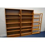 TWO TEAK OPEN BOOKCASES (sd) and a pine open bookcase (3)