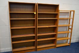 TWO TEAK OPEN BOOKCASES (sd) and a pine open bookcase (3)