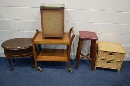 A REPRODUCTION MAHOGANY OVAL SEWING BOX together with a teak trolley, oak stool, small wicker