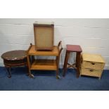 A REPRODUCTION MAHOGANY OVAL SEWING BOX together with a teak trolley, oak stool, small wicker