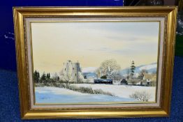 MICHAEL BARNFATHER (BRITISH 1934) 'MELTING SNOW AT STOKESAY CASTLE' a Winter landscape, signed and