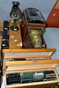 MAHOGANY AND BRASS MAGIC LANTERN, Lecturers lamp and three boxes of assorted 3¾ inch lantern slides,