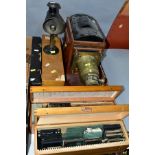 MAHOGANY AND BRASS MAGIC LANTERN, Lecturers lamp and three boxes of assorted 3¾ inch lantern slides,