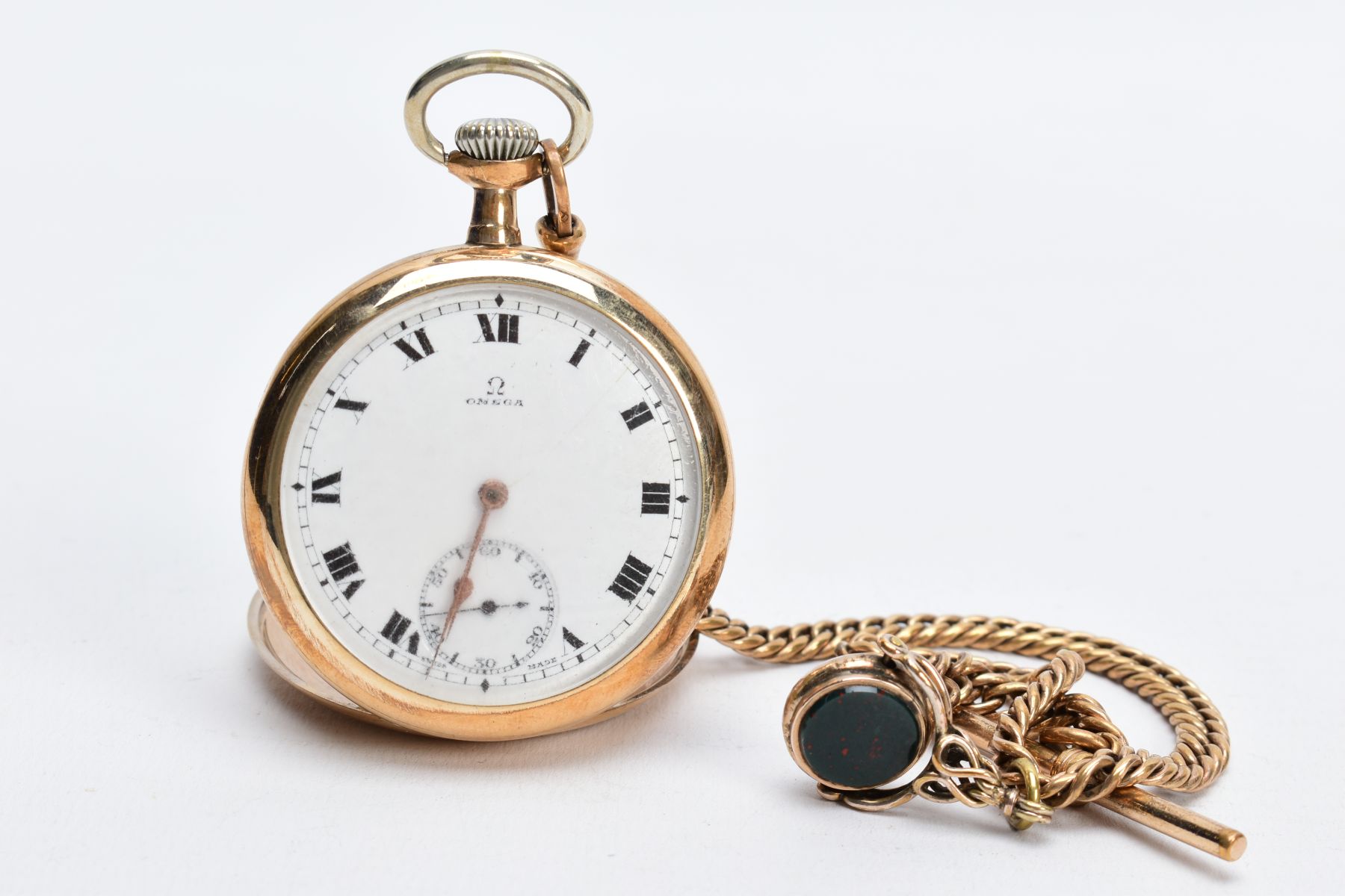 AN OPEN FACED GOLD PLATED OMEGA POCKET WATCH, white dial signed 'Omega', Roman numerals, seconds