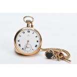 AN OPEN FACED GOLD PLATED OMEGA POCKET WATCH, white dial signed 'Omega', Roman numerals, seconds