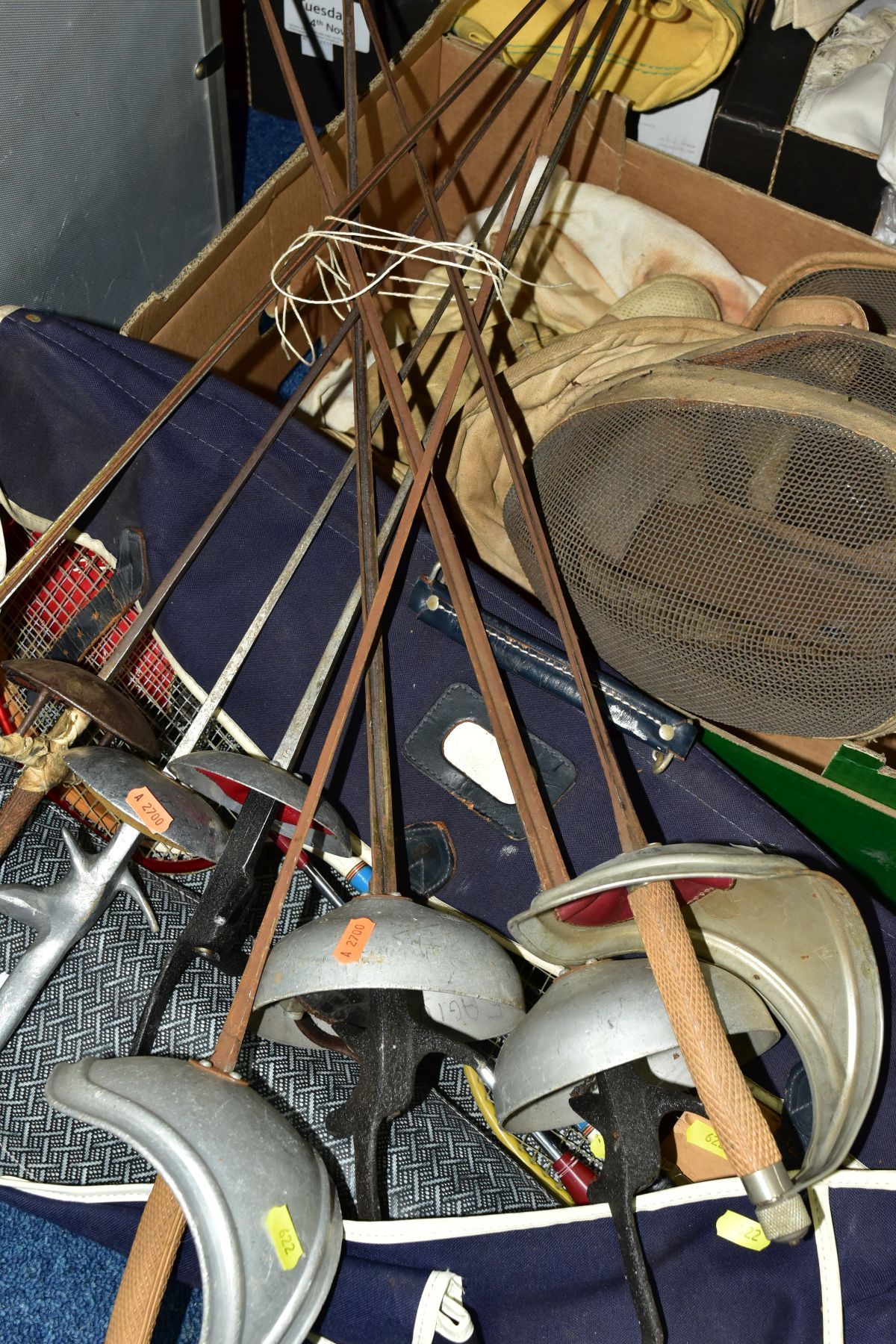 A COLLECTION OF FENCING AND BADMINGTON EQUIPMENT, including fencing foils, two head protectors, etc, - Image 4 of 4