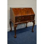 A REPRODUCTION GEORGE I STYLE BURR WALNUT LADIES BUREAU fitted interior two exterior drawers on