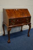 A REPRODUCTION GEORGE I STYLE BURR WALNUT LADIES BUREAU fitted interior two exterior drawers on