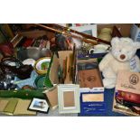 FIVE BOXES AND LOOSE CERAMICS, METALWARES, BOOKS, MAPS, PICTURES, SOFT TOYS, etc, including