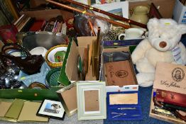 FIVE BOXES AND LOOSE CERAMICS, METALWARES, BOOKS, MAPS, PICTURES, SOFT TOYS, etc, including