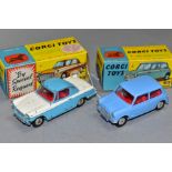 TWO BOXED CORGI TOYS CARS, Morris Mini-Minor, No 226, blue body, red interior, flat hubs, very