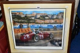 A FRAMED SIGNED LIMITED EDITION PRINT BY JUAN CARLOS FERRIGNO, titled 'Victory for Moss in Monaco'