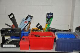 SIX TRAYS CONTAINING WOODWORKING AND ENGINEERING TOOLS including saws brace bits storage boxes